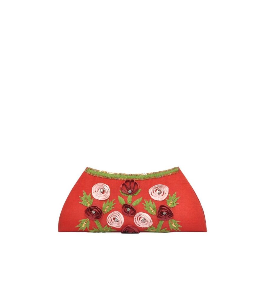 Ribbon Embroidery Red Clutch