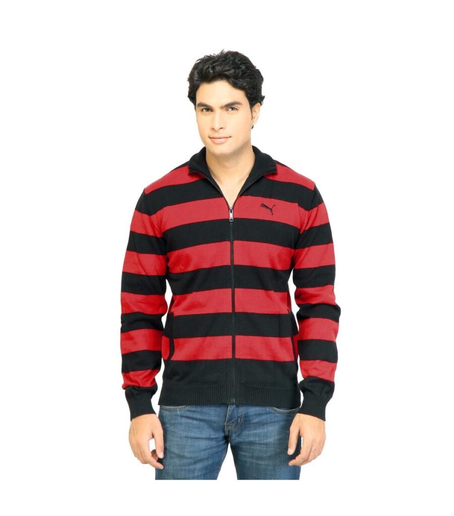 Striped Full Zip Red Sweater